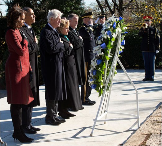 President Obama, first lady Michelle, former President Clinton and former Secretary of State Hillary Clinton pay their respects at a wreath laying ceremony in honor of President John F. Kennedy today at his gravesite at Arlington National Cemetery. Friday marks the 50th anniversary of JFK's assassination. (Photo: IIP Digital)